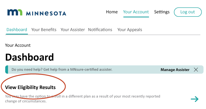 Your Health Care Results page with eligibility results circled