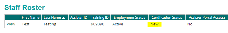 staff record showing new certification status