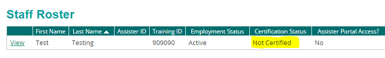 staff record showing Not Certified certification status