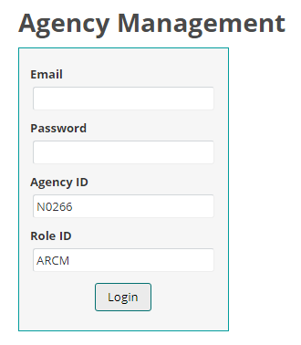 Log in screen for agency and role