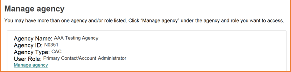 your agency accounts and roles with the Manage Agency link