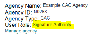Manage Agency link under Signature of Authority role